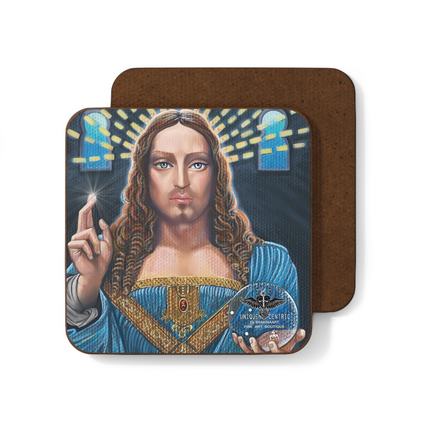 Salvator Mundi Jesus Christ Leonardo da Vinci St Jude Shakinaart fine art Louvre Museum Abu Dhabi Saudi Arabia Luxury Designer drink coasters featuring a High Renaissance painting of Jesus holding a crystal ball of light, symbolizing divine guidance hope faith love power wisdom enlightenment resurrection victory and illumination amen Perfect for protecting surfaces from drink spills. Prince Badr bin Abdullah Painting Coasters