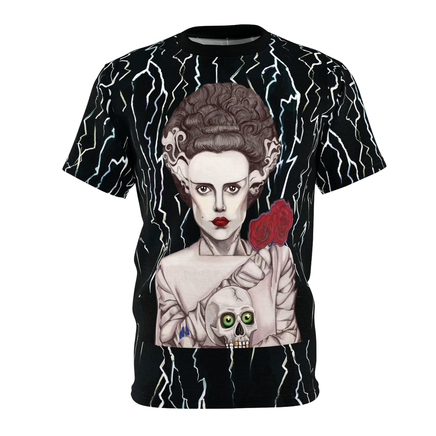 UNIQUE CENTRIC rebel bride stunning FINE ART t-shirt CREATED BY SHAKINAART. Make a statement WITH FINE ART FASHION, WEAR THIS edgy AND SEXY GOTH GIRL bride OF FRANKENSTEIN ELSA LANCHESTER T shirt with skull and roses. Perfect for those who dare to defy tradition. Shop now!