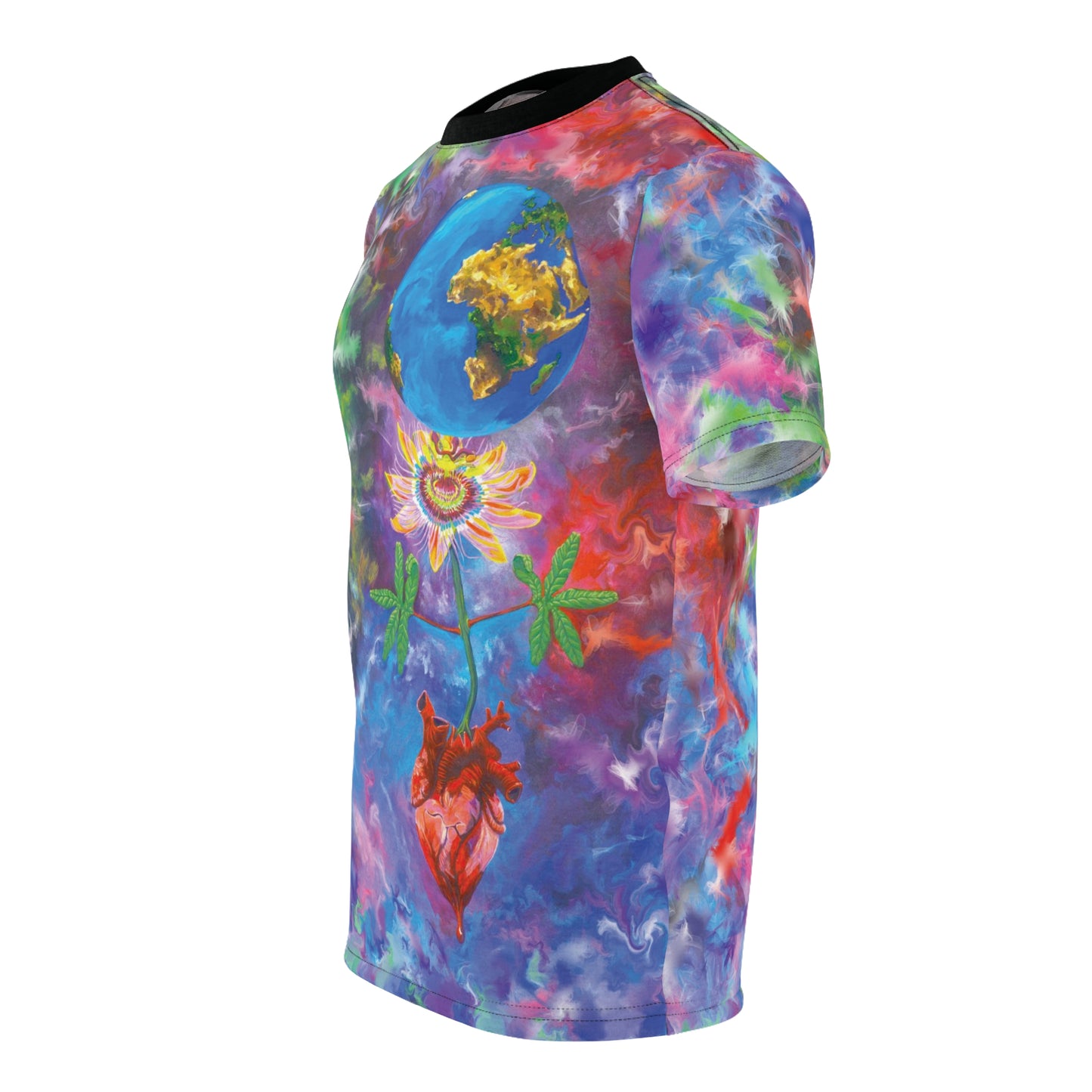 UNIQUE CENTRIC by SHAKINAART vibrant FINE ART KING t-shirt with an abstract RAINBOW BACKGROUND WITH heart and earth painting. ALL LIVES MATTER