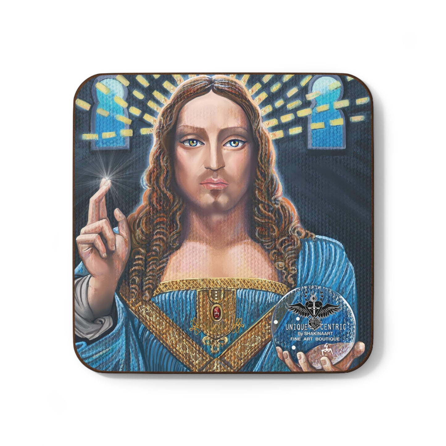 Salvator Mundi Jesus Christ Leonardo da Vinci St Jude Shakinaart fine art Louvre Museum Abu Dhabi Saudi Arabia Luxury Designer drink coasters featuring a High Renaissance painting of Jesus holding a crystal ball of light, symbolizing divine guidance hope faith love power wisdom enlightenment resurrection victory and illumination amen Perfect for protecting surfaces from drink spills. Prince Badr bin Abdullah Painting Coasters
