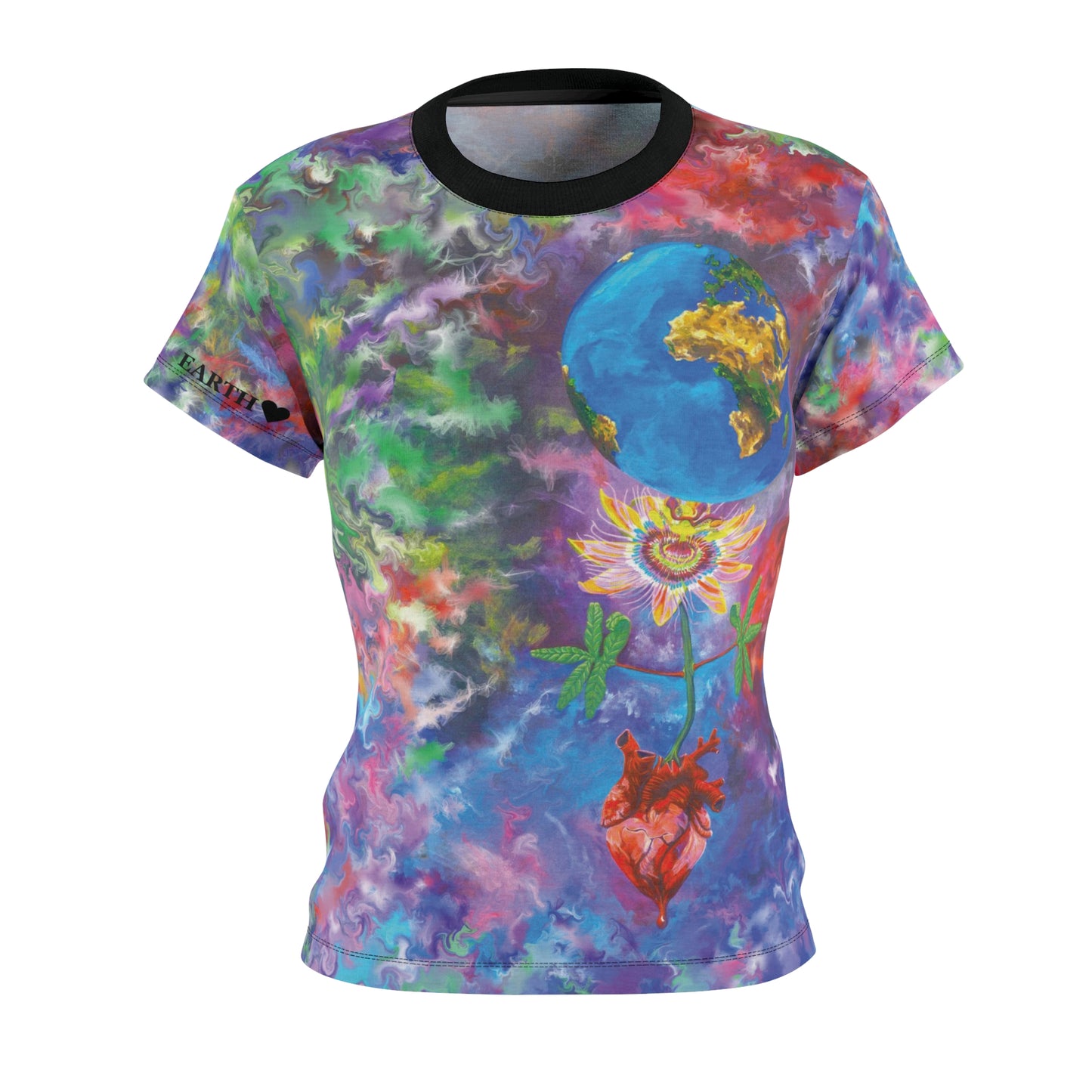 UNIQUE CENTRIC by SHAKINAART vibrant FINE ART QUEEN t-shirt with an abstract RAINBOW BACKGROUND WITH heart and earth painting. ALL LIVES MATTER
