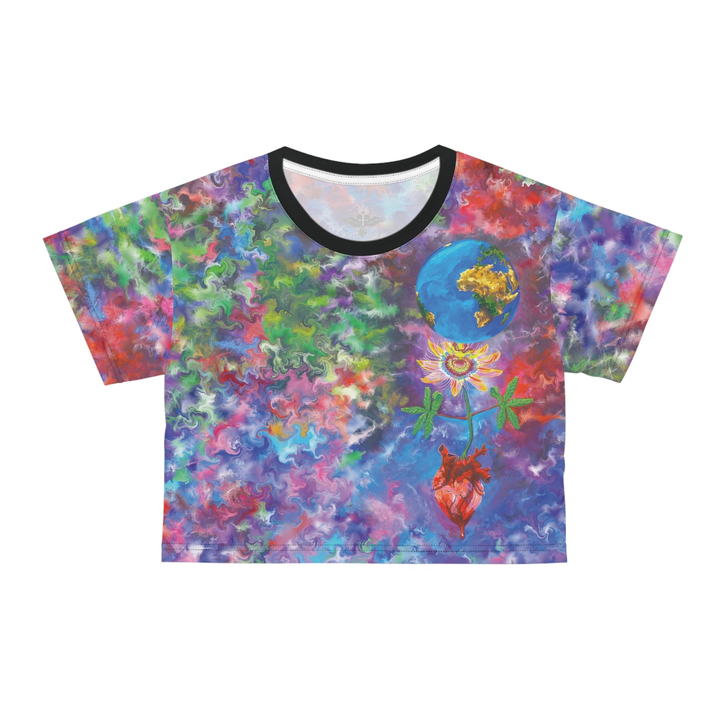 UNIQUE CENTRIC by SHAKINAART vibrant FINE ART QUEEN CROPPED t-shirt with an abstract RAINBOW BACKGROUND WITH heart and earth painting. ALL LIVES MATTER