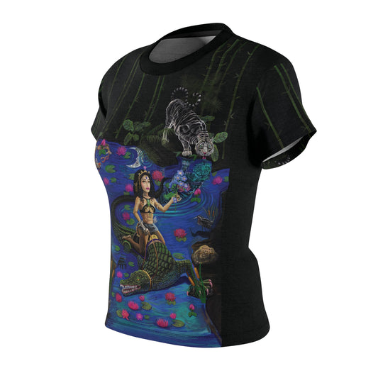 UNIQUE CENTRIC JACOB'S LADDER : BEAUTY & THE BEAST FINE ART QUEEN TEE - BEAUTY CONQUERS THE BEAST BY SHAKINAART. Experience the perfect blend of daring and style with this captivating QUEEN T SHIRT, Featuring a woman riding a crocodile ALIGATOR, it's a symbol of fearlessness and individuality. Embrace your inner adventurer!
