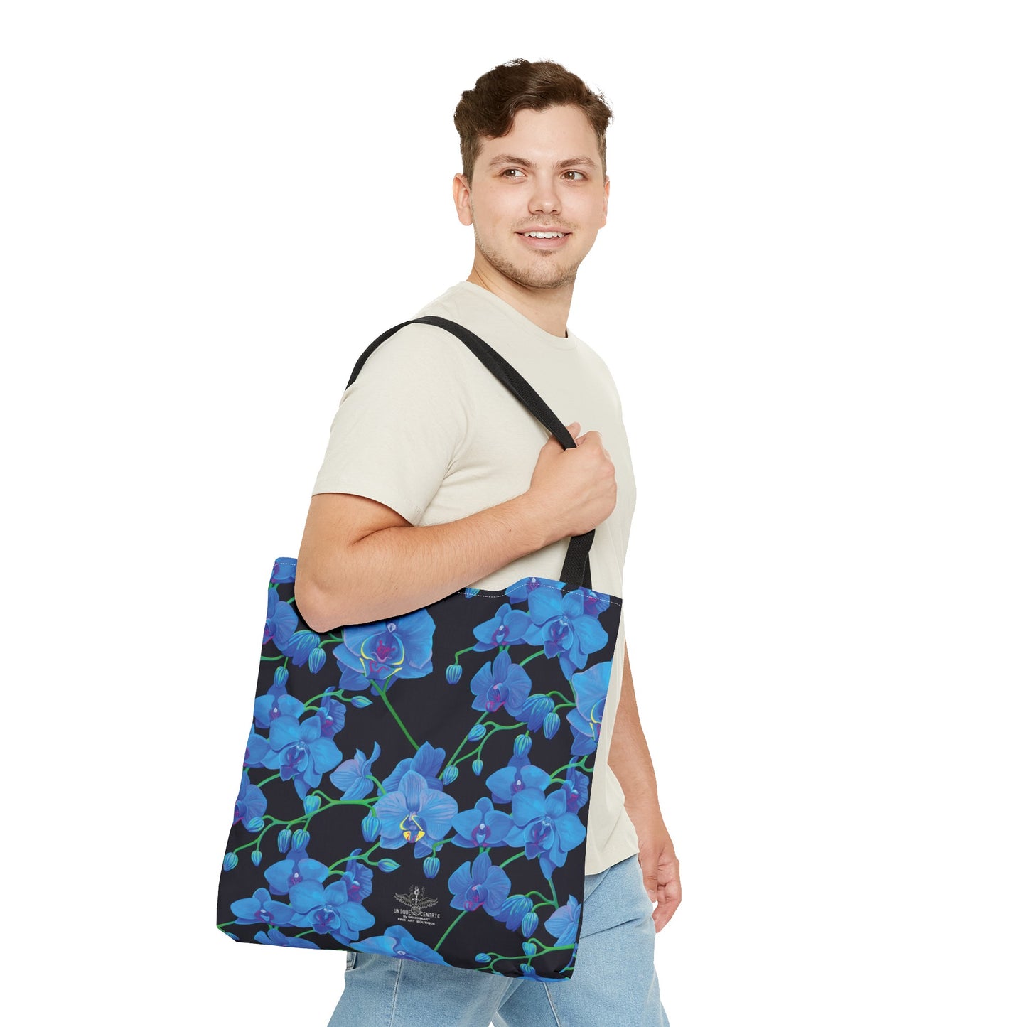 UNIQUE CENTRIC FINE ART DESIGNER REUSABLE BLUE VELVET ORCHID BOTANICAL GARDEN SHOPPING GROCERY TOTE BAG BY SHAKINAART