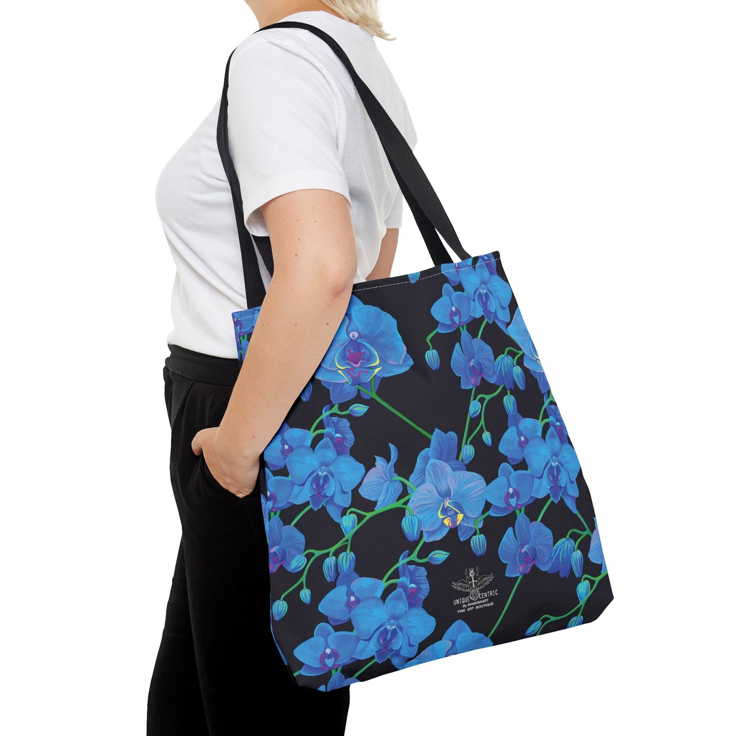 UNIQUE CENTRIC FINE ART DESIGNER REUSABLE BLUE VELVET ORCHID BOTANICAL GARDEN SHOPPING GROCERY TOTE BAG BY SHAKINAART