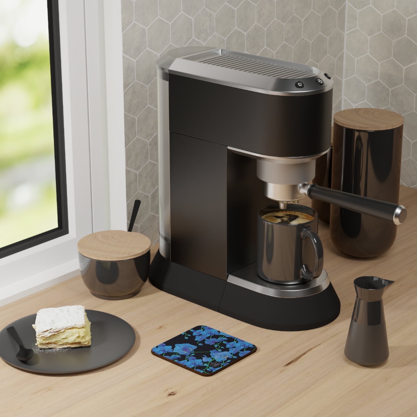 shakinaart UNIQUE CENTRIC fine art Blue VELVET orchids on black coaster: A stunning arrangement of vibrant blue orchids bouquet resting on a sleek black coaster. PERFECT wedding gift BRIDE BRIDAL SHOWER for protecting surfaces from drink spills. DAVID LYNCH COASTERS