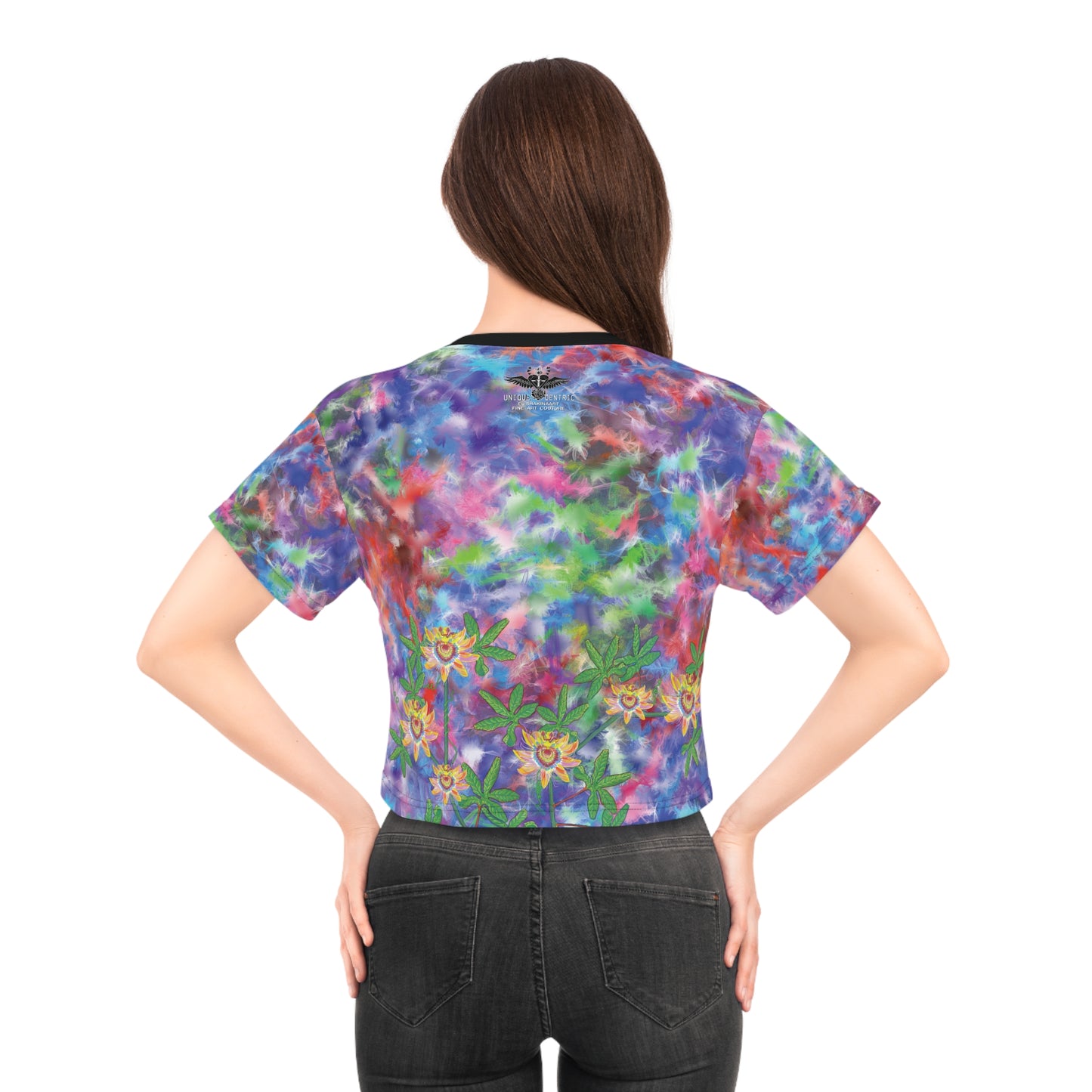 UNIQUE CENTRIC by SHAKINAART vibrant FINE ART QUEEN CROPPED t-shirt with an abstract RAINBOW BACKGROUND WITH heart and earth painting. ALL LIVES MATTER
