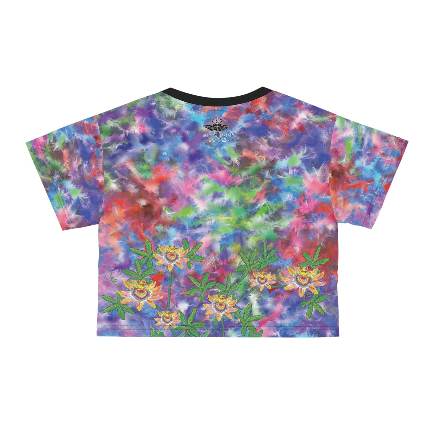 UNIQUE CENTRIC by SHAKINAART vibrant FINE ART QUEEN CROPPED t-shirt with an abstract RAINBOW BACKGROUND WITH heart and earth painting. ALL LIVES MATTER
