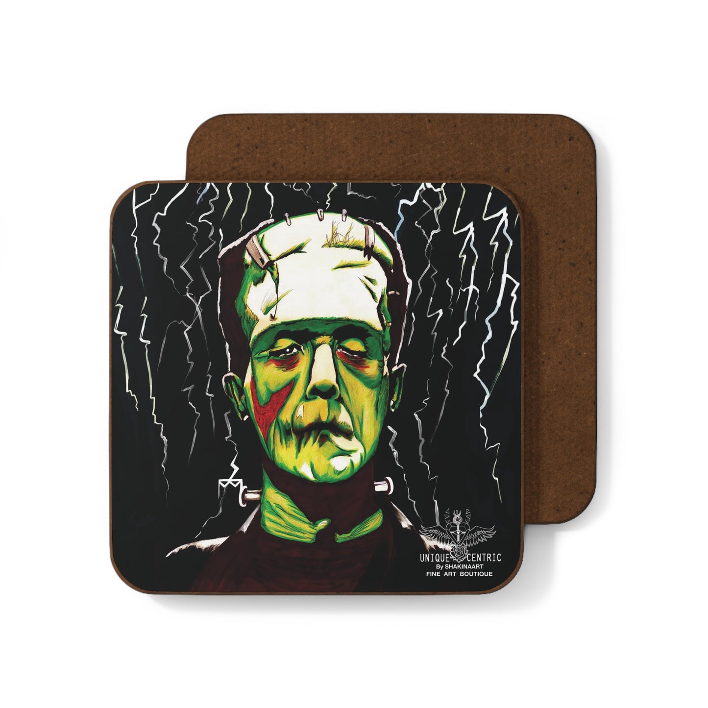 Frankenstein monster shakinaart fine art drink coasters, perfect for horror film fans and Halloween enthusiasts. Get your spooky fix with these Frankenstein monster coasters, ideal for horror-themed living spaces. Elevate your table top with these Frankenstein monster coasters a must-have for horror universal studios aficionados Perfect for protecting surfaces from drink spills.