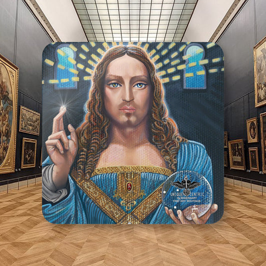 Salvator Mundi Jesus Christ Leonardo da Vinci St Jude Shakinaart fine art Louvre Museum Abu Dhabi Saudi Arabia Luxury Designer drink coasters featuring a High Renaissance painting of Jesus holding a crystal ball of light, symbolizing divine guidance hope faith love power wisdom enlightenment resurrection victory and illumination amen Perfect for protecting surfaces from drink spills. Prince Badr bin Abdullah Painting Coasters
