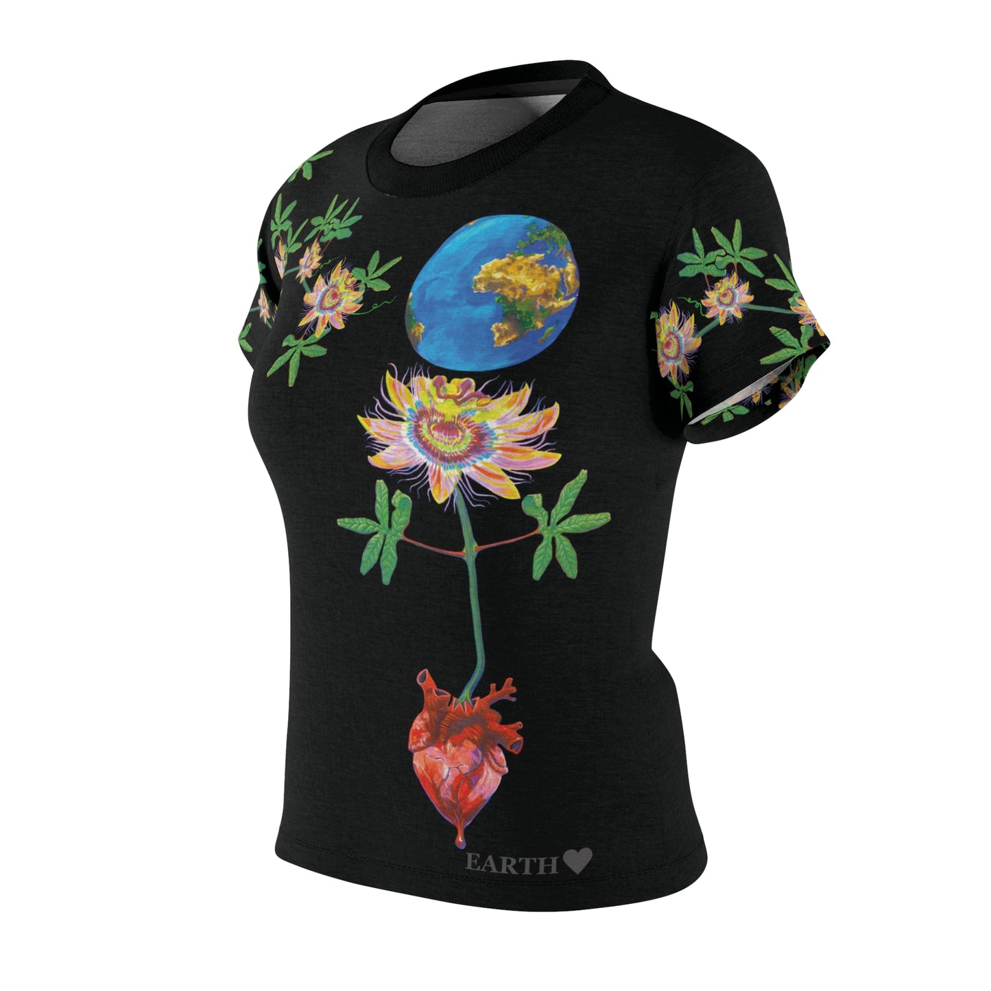 UNIQUE CENTRIC by SHAKINAART vibrant FINE ART QUEEN t-shirt with an abstract RAINBOW BACKGROUND WITH heart and earth painting. ALL LIVES MATTER