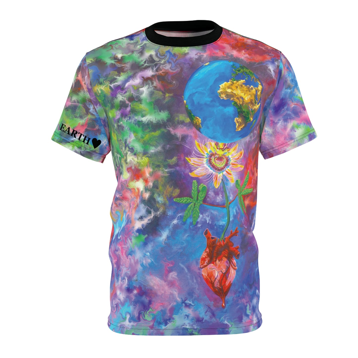 UNIQUE CENTRIC by SHAKINAART vibrant FINE ART KING t-shirt with an abstract RAINBOW BACKGROUND WITH heart and earth painting. ALL LIVES MATTER