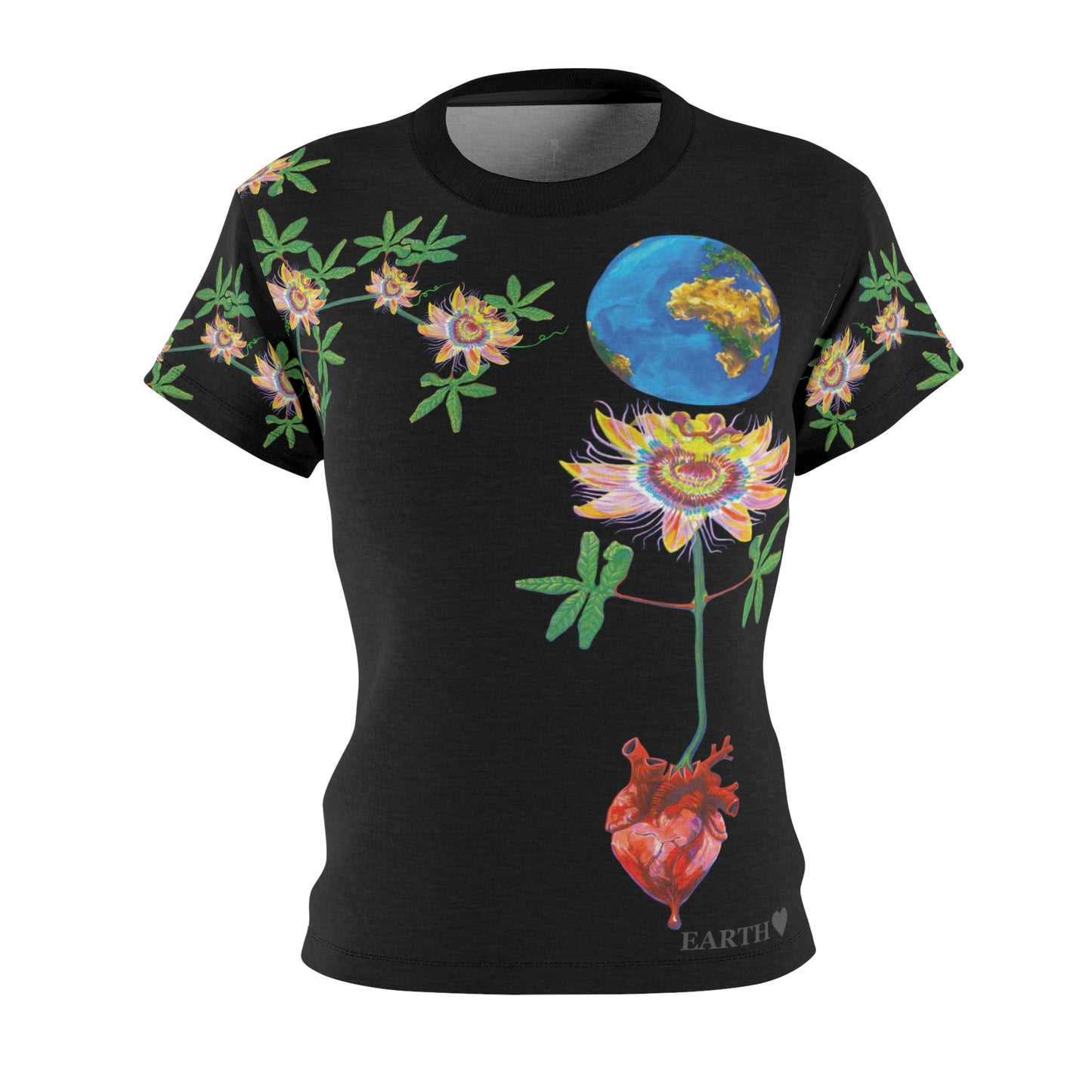 UNIQUE CENTRIC by SHAKINAART vibrant FINE ART QUEEN t-shirt with an abstract RAINBOW BACKGROUND WITH heart and earth painting. ALL LIVES MATTER