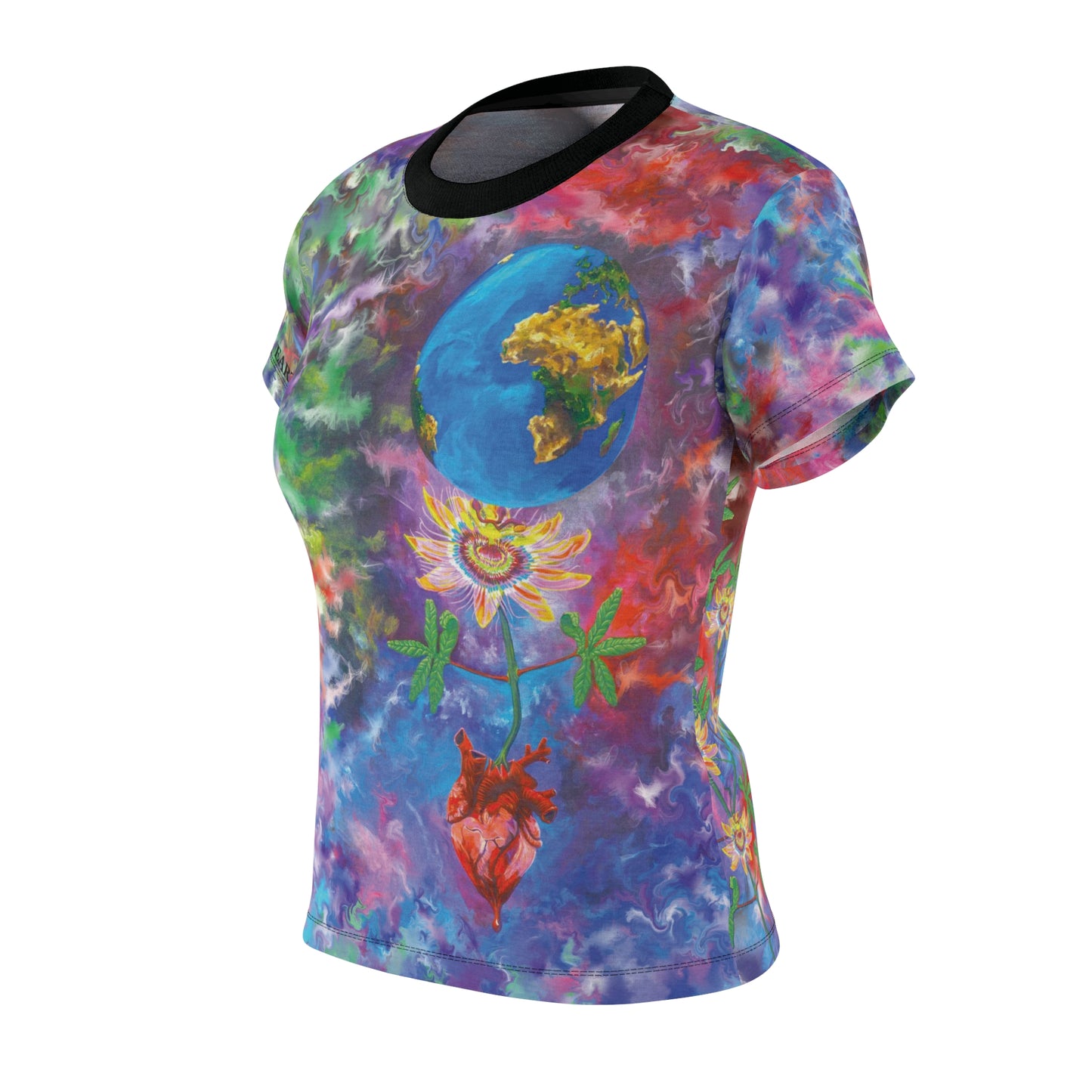 UNIQUE CENTRIC by SHAKINAART vibrant FINE ART QUEEN t-shirt with an abstract RAINBOW BACKGROUND WITH heart and earth painting. ALL LIVES MATTER