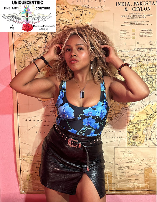 UNIQUE CENTRIC FINE ART COUTURE: BLUE VELVET ORCHID BOUQUET QUEEN BODYSUIT