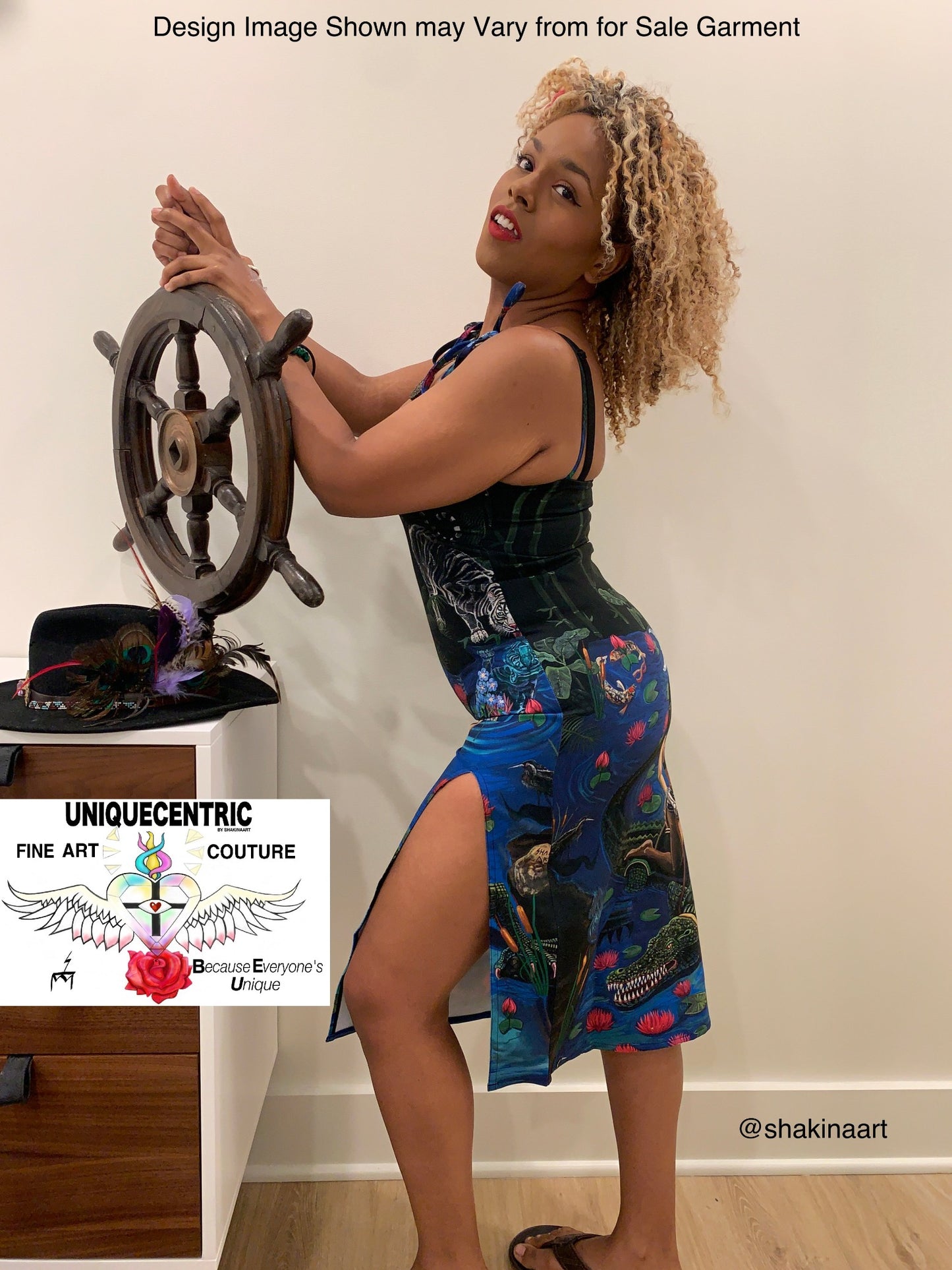 UNIQUE CENTRIC JACOB'S LADDER : BEAUTY & THE BEAST FINE ART SPLIT TIE DRESS - showcase your hourglass figure & Unleash your adventurous sexy and elegant side with this daring chic stylish fashion dress by unique centric fine art couture featuring a woman goddess confidently and fearlessly riding a crocodile alligator in the water, a master painting now available to wear by shakinaart