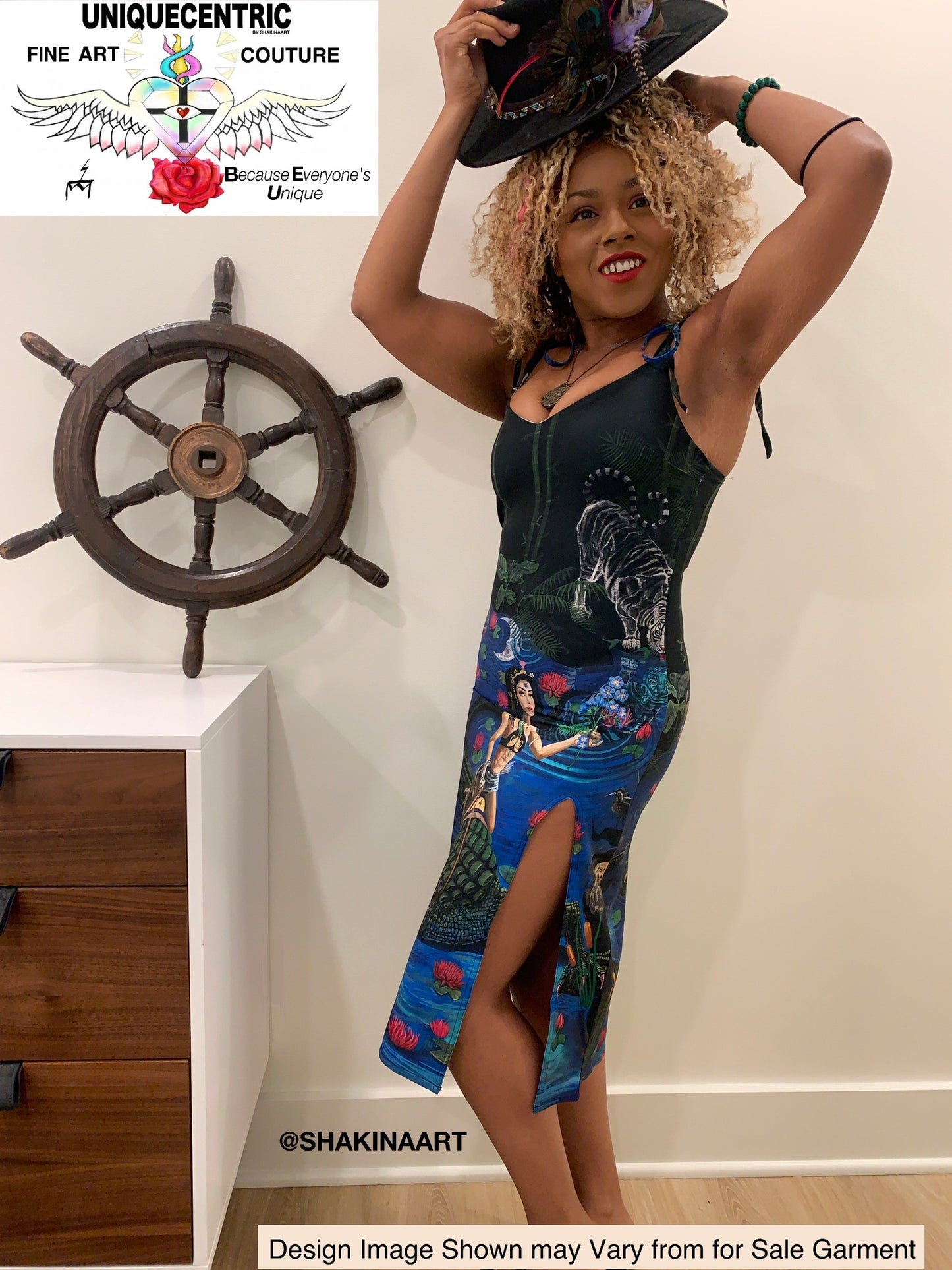 UNIQUE CENTRIC JACOB'S LADDER : BEAUTY & THE BEAST FINE ART SPLIT TIE DRESS - showcase your hourglass figure & Unleash your adventurous sexy and elegant side with this daring chic stylish fashion dress by unique centric fine art couture featuring a woman goddess confidently and fearlessly riding a crocodile alligator in the water, a master painting now available to wear by shakinaart