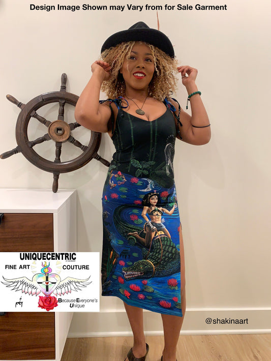 UNIQUE CENTRIC JACOB'S LADDER : BEAUTY & THE BEAST FINE ART SPLIT TIE DRESS - showcase your hourglass figure & Unleash your adventurous sexy and elegant side with this daring chic stylish fashion dress by unique centric fine art couture featuring a woman goddess confidently and fearlessly riding a crocodile alligator in the water, a master painting now available to wear by shakinaart