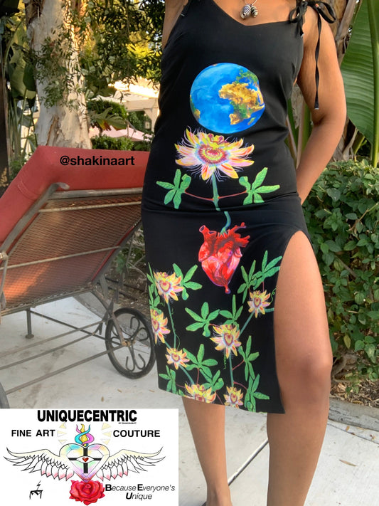 UNIQUE CENTRIC BLACK EARTH HEART ALL LIVES MATTER FINE ART SEXY SPLIT THIGH TIE DRESS - BY SHAKINAART A stylish black dress adorned with beautiful PASSION flowers, PLANET EARTH and a heart design, perfect for any occasion. SHOP GET YOURS NOW!