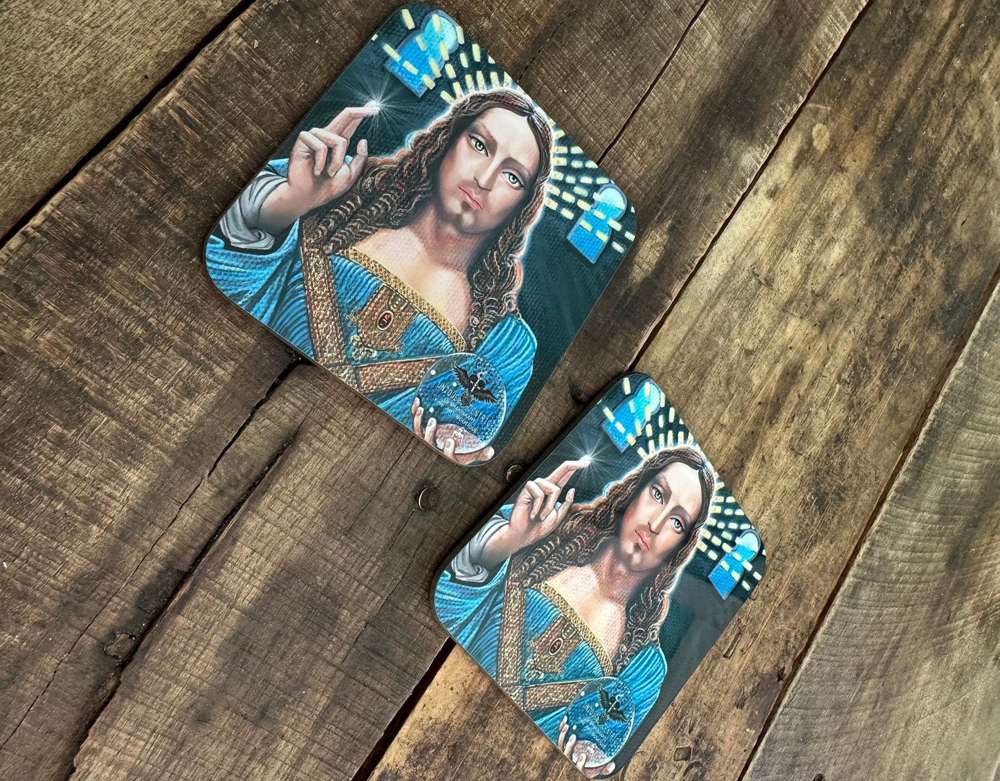 Salvator Mundi Jesus Christ Leonardo da Vinci St Jude Shakinaart fine art Louvre Museum Abu Dhabi Saudi Arabia Luxury Designer drink coasters featuring a High Renaissance painting of Jesus holding a crystal ball of light, symbolizing divine guidance hope faith love power wisdom enlightenment resurrection victory and illumination amen Perfect for protecting surfaces from drink spills. Prince Badr bin Abdullah Painting Coasters