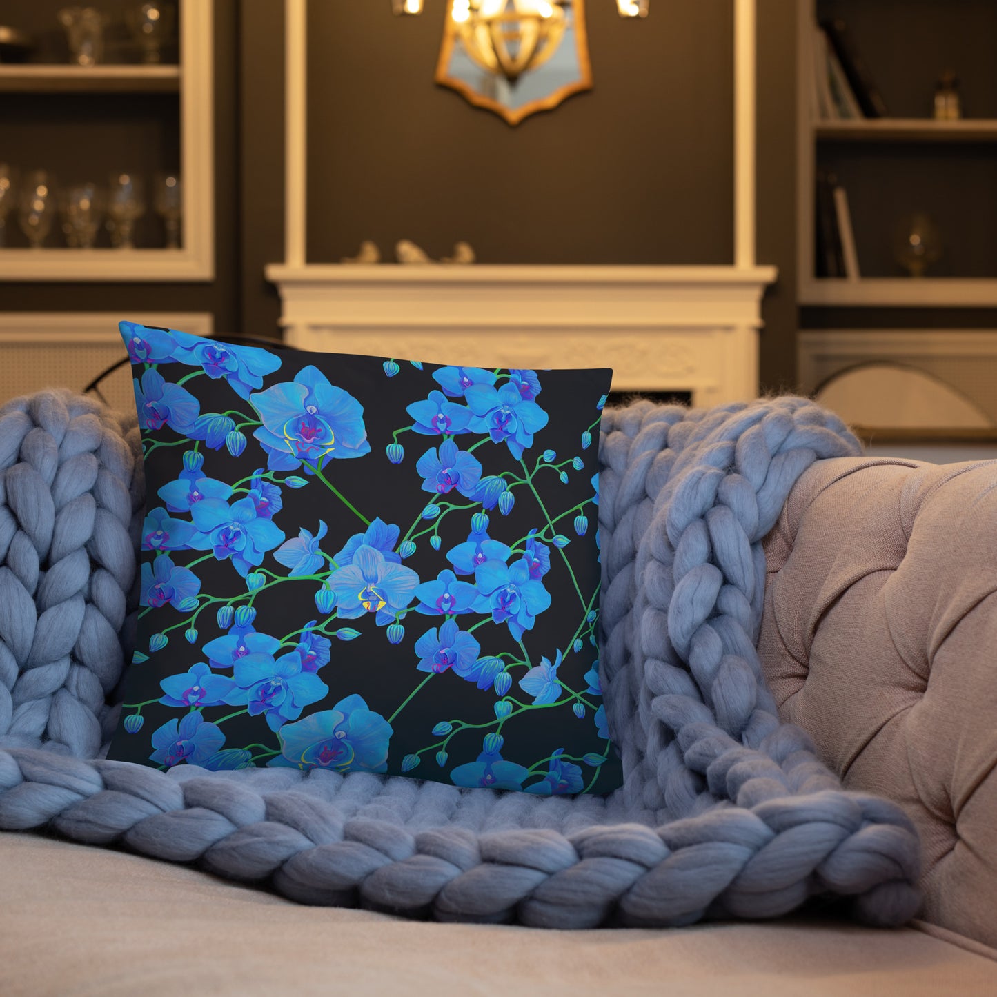 UNIQUE CENTRIC FINE ART BOUTIQUE BLUE VELVET ORCHID BOUQUET PILLOW