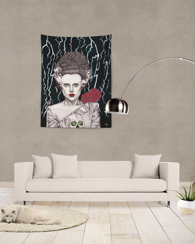 A woman holding a skull and roses, symbolizing life and death, in her hand. CHIC ART TAPESTRY BRIDE OF FRANKENSTEIN ELSA LANCHESTER