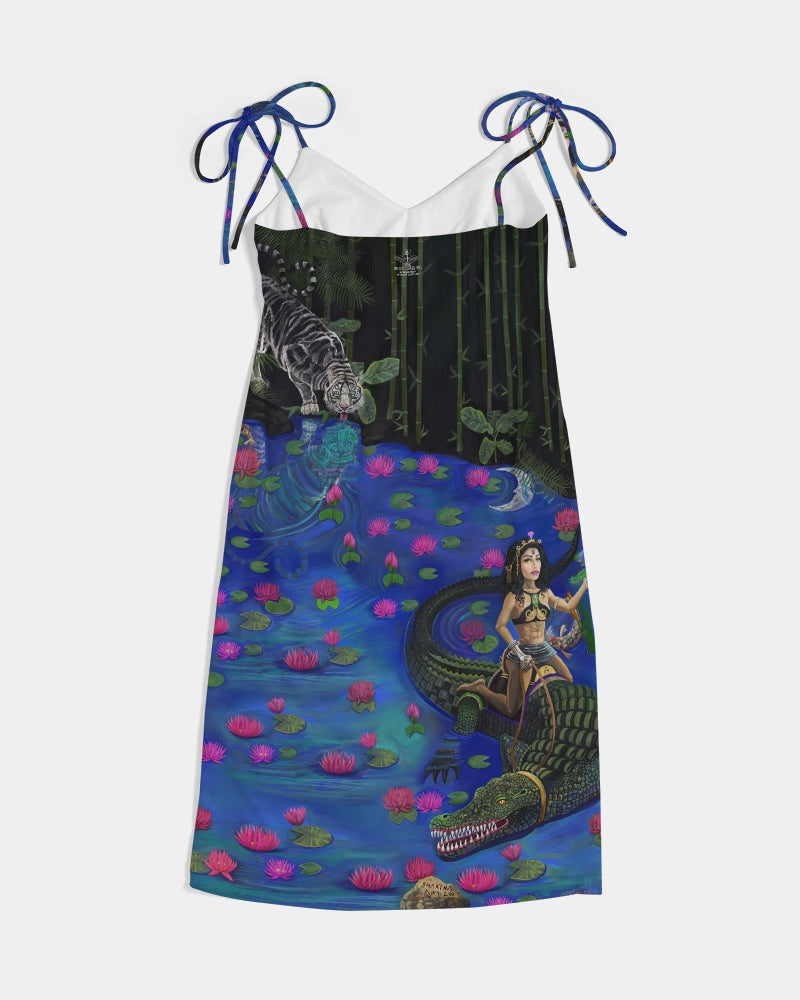 UNIQUE CENTRIC JACOB'S LADDER : BEAUTY & THE BEAST FINE ART SPLIT TIE DRESS - showcase your hourglass figure & Unleash your adventurous sexy and elegant side with this daring chic stylish fashion dress by unique centric fine art couture featuring a woman goddess confidently and fearlessly riding a crocodile alligator in the water, a master painting now available to wear by shakinaart