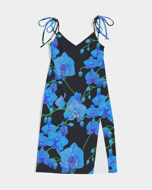 UNIQUE CENTRIC FINE ART COUTURE BLUE ORCHID BOUQUET FINE ART SPLIT TIE Queen DRESS - by Shakinaart showcase your hourglass figure AND Capture PEOPLE’S attention with this stunning CHIC & BOLD BLACK blue VELVET ORCHID floral print ELEGANT & SEXY SPLIT THIGH dress. Be Unique & Fabulous, while Embracing botanical elegance, beauty, grace and style.