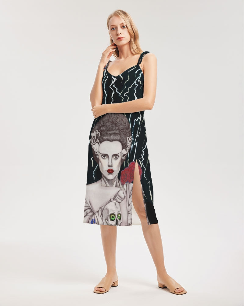UNIQUE CENTRIC CORPSE BRIDE OF FRANKENSTEIN HALLOWEEN FINE ART SPLIT TIE DRESS - BY SHAKINAART BE ELECTRIC with this stunning rebel bride of frankenstein FINE ART DRESS . At the party or beach rave festival CONCERT this elsa lanchester SPLIT THIGH DRESS is fashionable edgy AND SEXY GOTH GIRL outfit staples. THE SEXY DRESS features a hand drawn bride OF FRANKENSTEIN with skull and roses by shakina bell. Perfect for those who dare to defy tradition. Shop now!