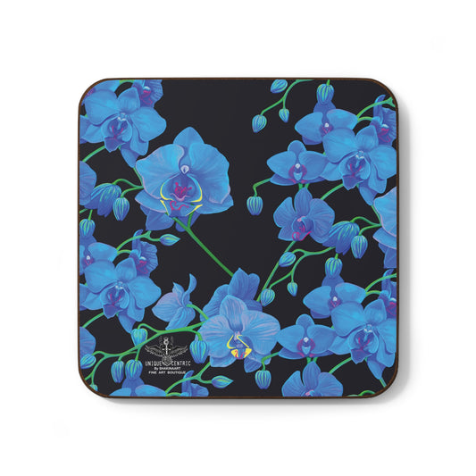 shakinaart UNIQUE CENTRIC  fine art  Blue VELVET orchids on black coaster: A stunning arrangement of vibrant blue orchids bouquet resting on a sleek black coaster. PERFECT wedding gift  BRIDE BRIDAL SHOWER for protecting surfaces from drink spills. DAVID LYNCH COASTERS 