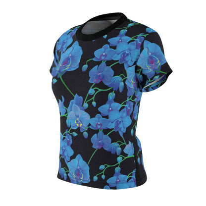 elevate your style and stand out from the crowd with unique centric fine art  boutique stunning blue orchid velvet shakinaart queen t-shirt against a sleek black background. Perfect for a trendy and sophisticated look.