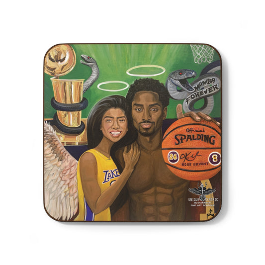 KOBE Bean BRYANT AND GIGI Onore BRYANT Basketball Lakers Legend player and DAUGHTER in painting. fine art designer Drink Coasters SHAKINAART Artwork of COUPLE MAMBA FOREVER one holding SPALDING basketball. LAKERS 8 24 CHAMPIONSHIP BLACK MAMBA  Angels halo Perfect for protecting surfaces from drink spills.