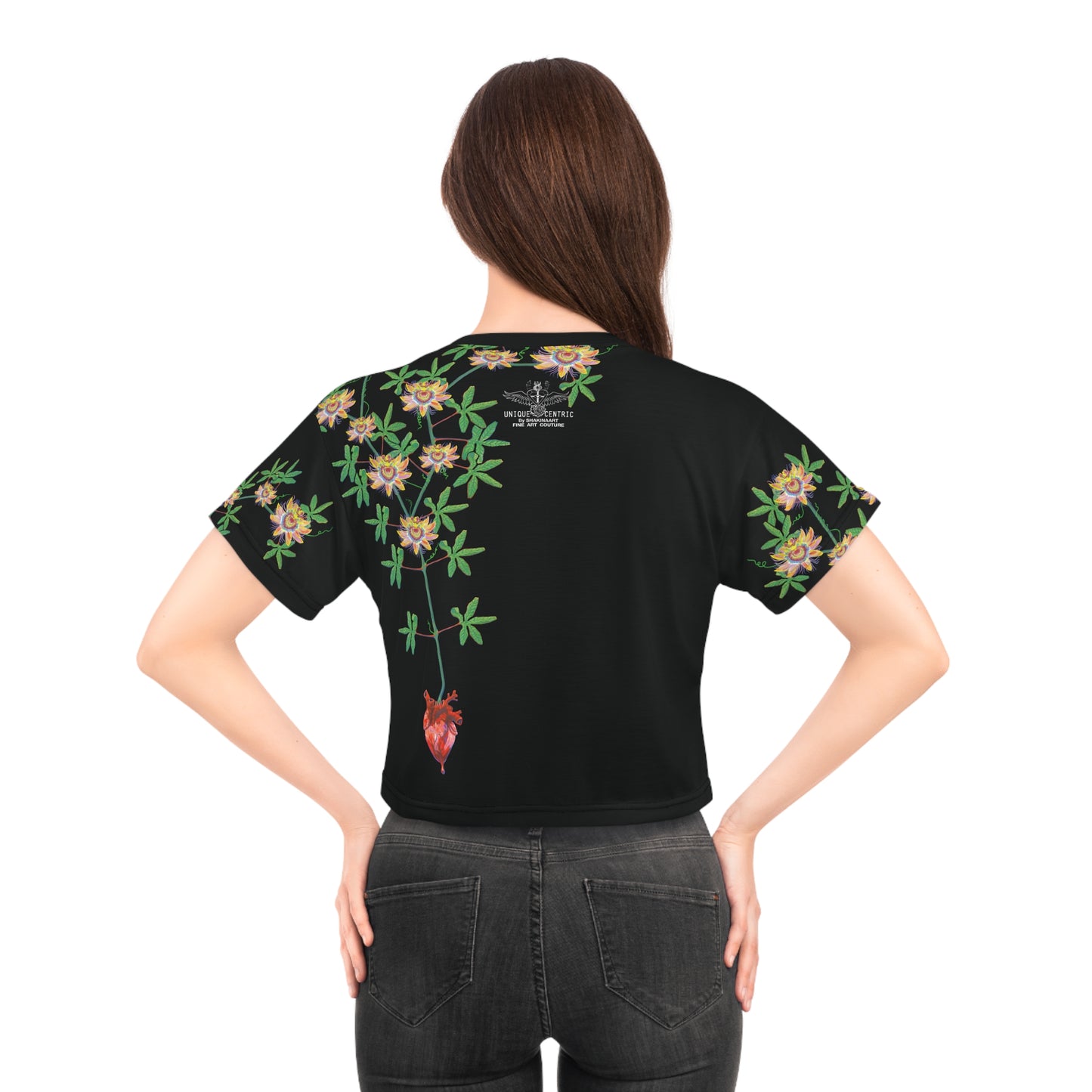 UNIQUE CENTRIC  by SHAKINAART vibrant FINE ART QUEEN CROPPED  t-shirt with an abstract RAINBOW BACKGROUND WITH heart and earth painting. ALL LIVES MATTER 