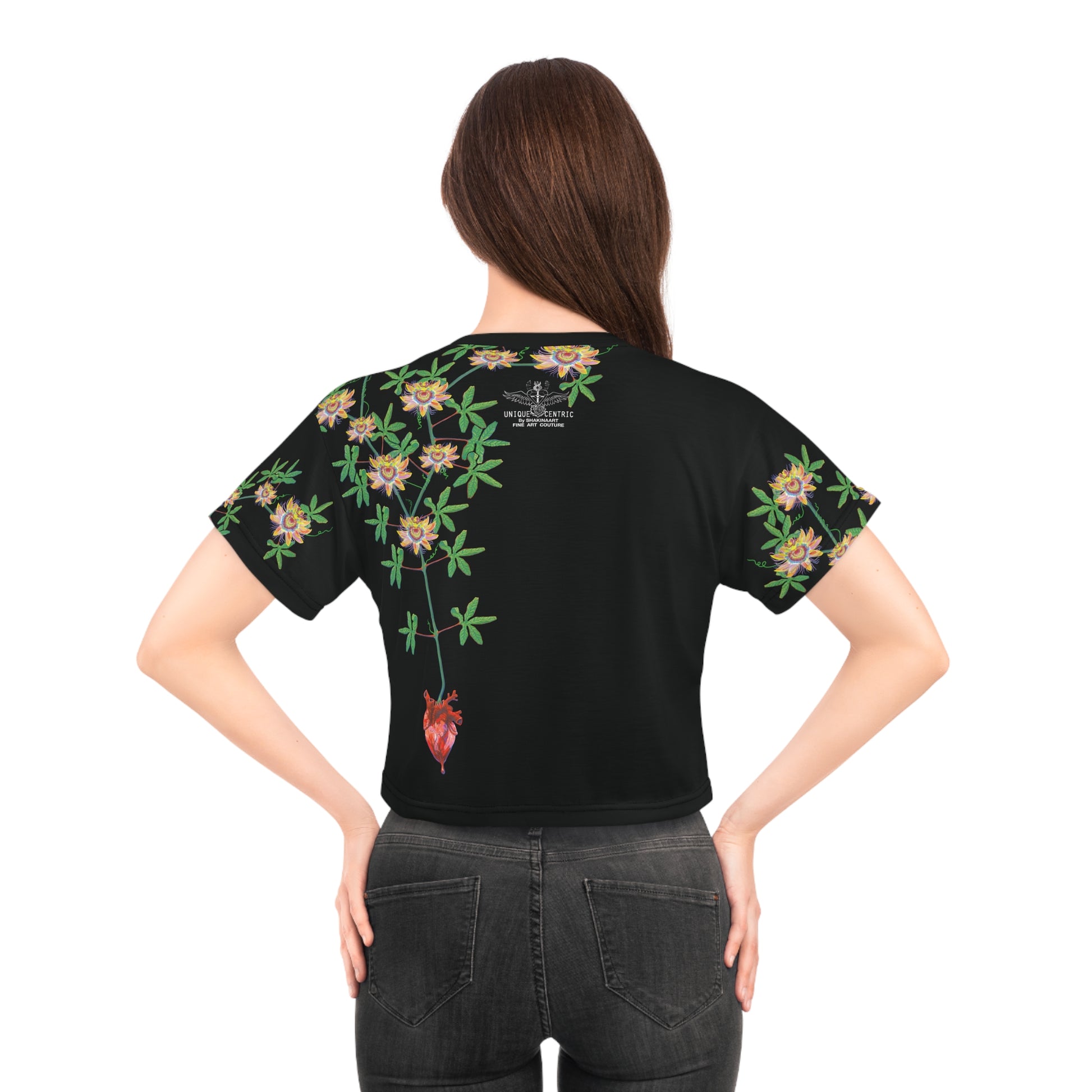 UNIQUE CENTRIC  by SHAKINAART vibrant FINE ART QUEEN CROPPED  t-shirt with an abstract RAINBOW BACKGROUND WITH heart and earth painting. ALL LIVES MATTER 