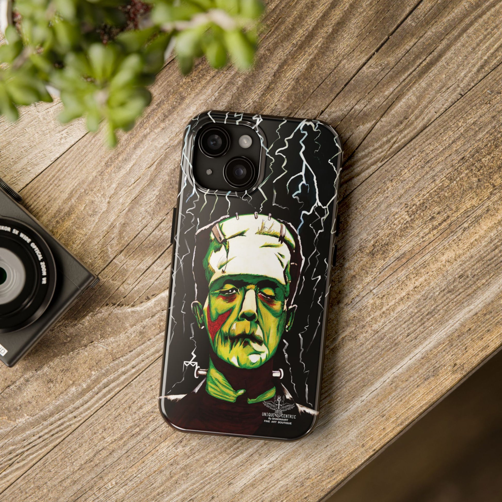 Frankenstein painting with lightning from head. Classic Frankenstein art with electrifying twist. Iconic monster depicted with electrifying energy. FRANKENSTEIN HALLOWEEN ART IPHONE COVER PROTECTIVE CASE.  