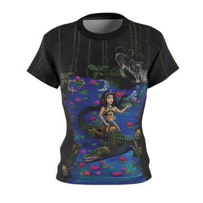 UNIQUE CENTRIC JACOB'S LADDER : BEAUTY & THE BEAST FINE ART QUEEN TEE -  BEAUTY CONQUERS THE BEAST BY SHAKINAART. Experience the perfect blend of daring and style with this captivating QUEEN T SHIRT, Featuring a woman riding a crocodile ALIGATOR, it's a symbol of fearlessness and individuality. Embrace your inner adventurer!