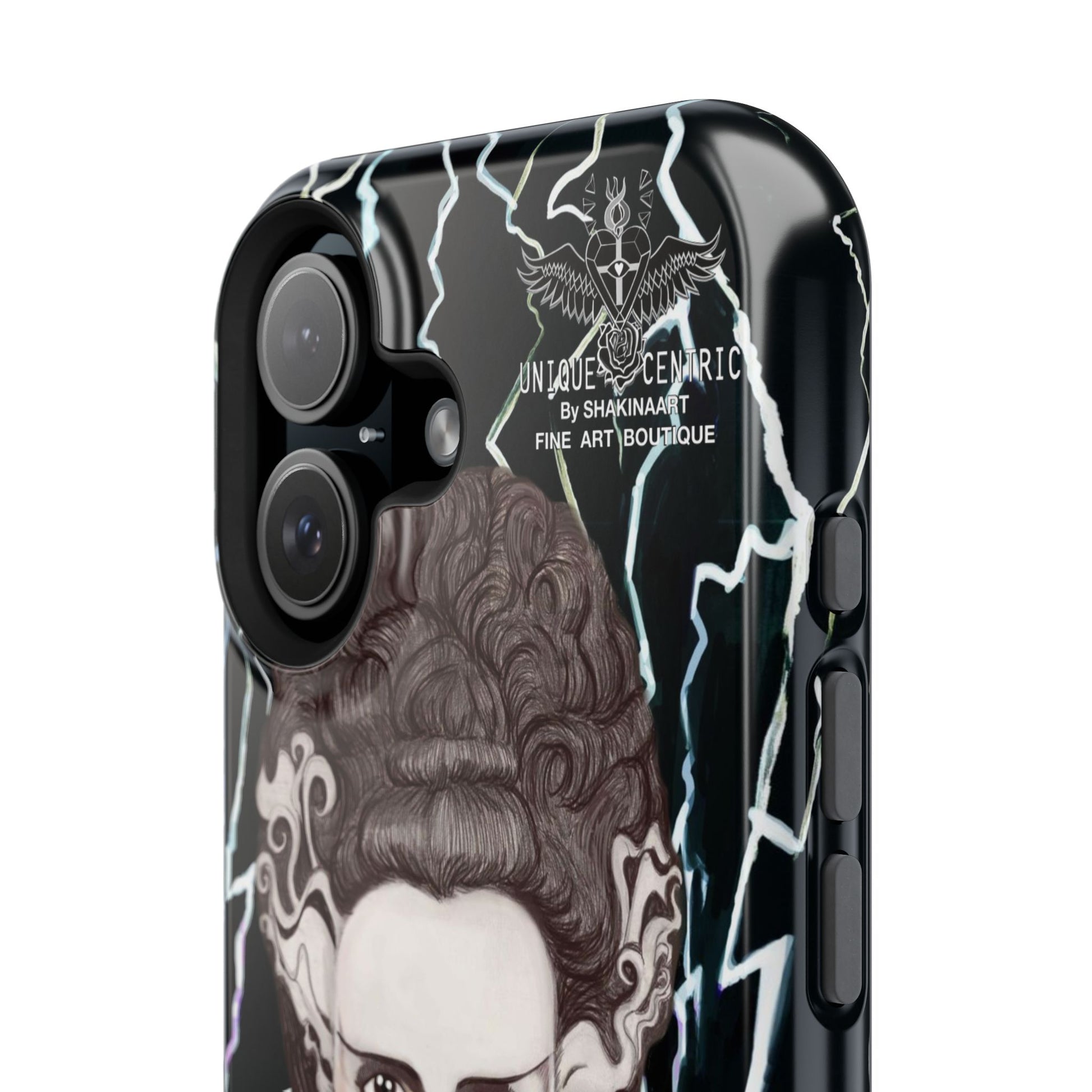 BRIDE OF FRANKENSTEIN IPHONE 16 CASE CORPSE BRIDE HALLOWEEN PHONE COVER THUNDER ROSES SKULL UNIQUE CENTRIC SHAKINAART DESIGNER PHONE CASE