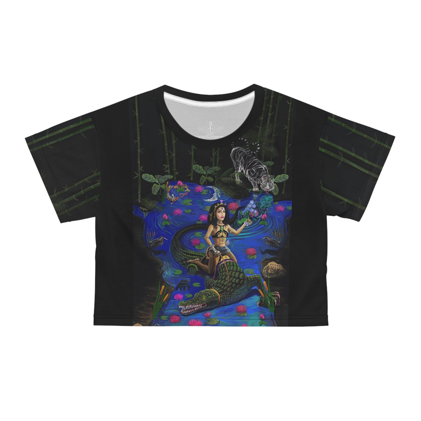 UNIQUE CENTRIC FINE ART BOUTIQUE JACOB'S LADDER BEAUTY AND THE BEAST BEAUTY CONQUERS THE BEAST GIRL WOMAN RIDING A CROCODILE ALIGATOR TROPICAL OASIS GROTTO FANTASY CROP TOP STAND OUT FROM THE CROWD BY SHAKINAART