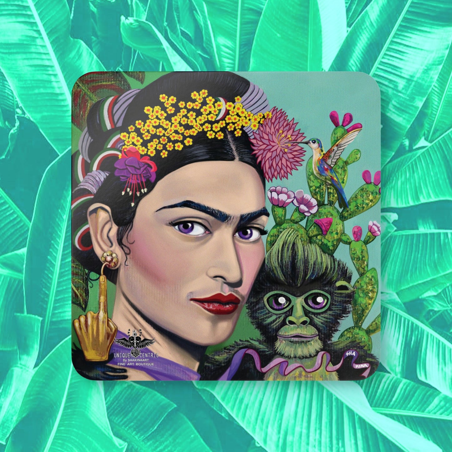 Frida Kahlo posing with her pet monkey, showcasing her unique bond with animals. shakinaart fine art drink coasters pablo picasso hand of living god earrings hummingbird flowers crown opuntia cactus Frida Kahlo with her pet monkey on her shoulder. Portrait of Mexican Frida Kahlo with her beloved monkey  diego rivera opera Perfect for protecting surfaces from drink spills.