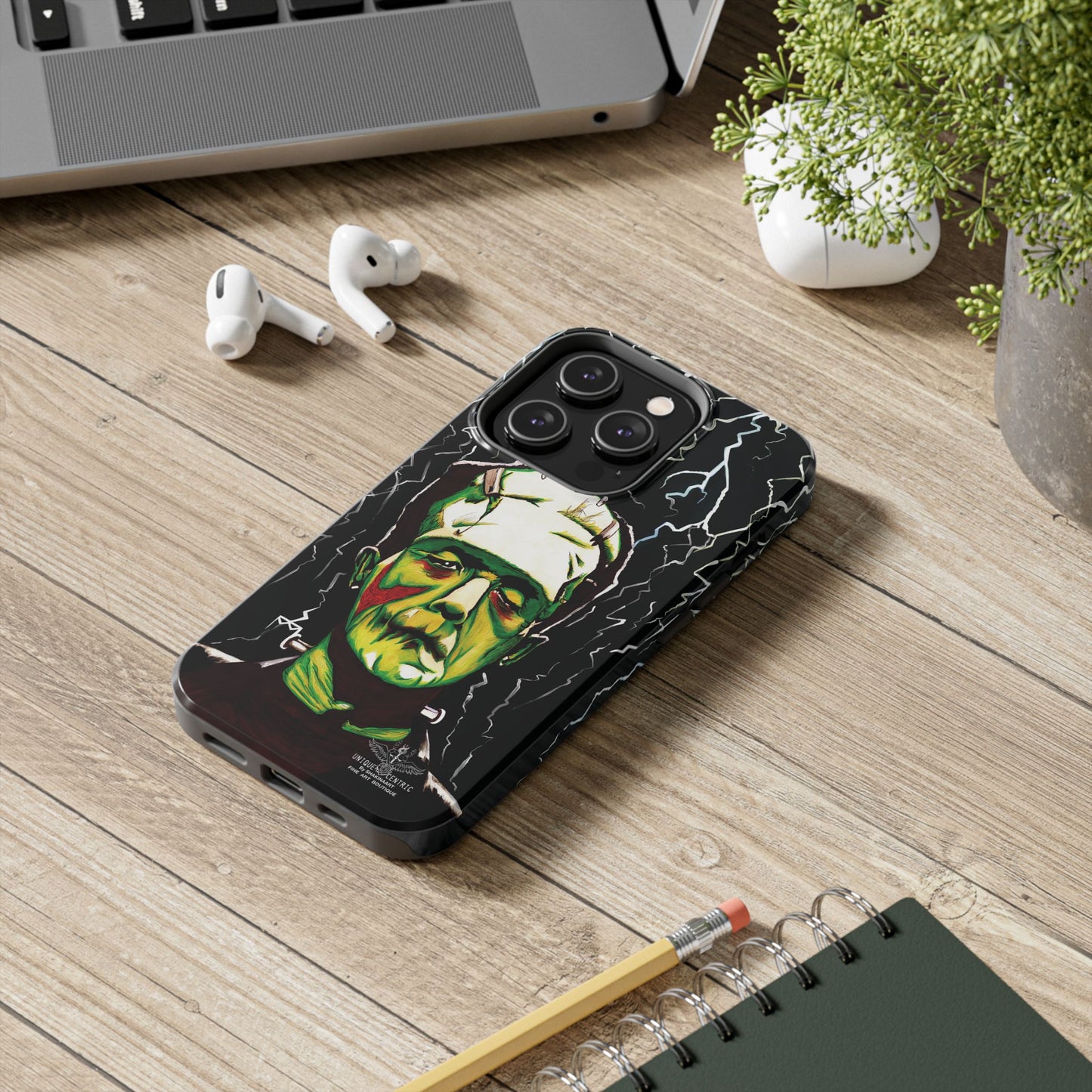 Frankenstein painting with lightning from head. Classic Frankenstein art with electrifying twist. Iconic monster depicted with electrifying energy. FRANKENSTEIN HALLOWEEN ART IPHONE COVER PROTECTIVE CASE.  