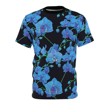 elevate your style and stand out from the crowd with unique centric fine art  boutique stunning blue orchid velvet shakinaart king t-shirt against a sleek black background. Perfect for a trendy and sophisticated look.