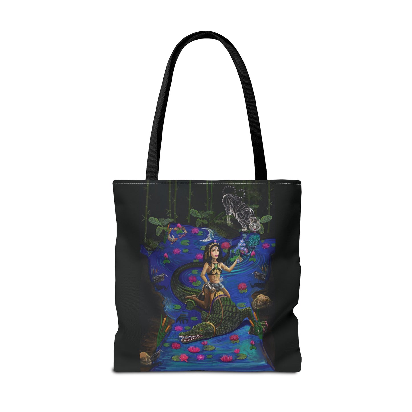 UNIQUE CENTRIC FINE ART DESIGNER REUSABLE FATASY GODDESS QUEEN  RIDING DRAGON CROCODILE IN THE JUNGLE WHITE TIGER LILY PETER PAN NEVERLAND DISNEYLAND PRINCESS SHOPPING GROCERY BAG