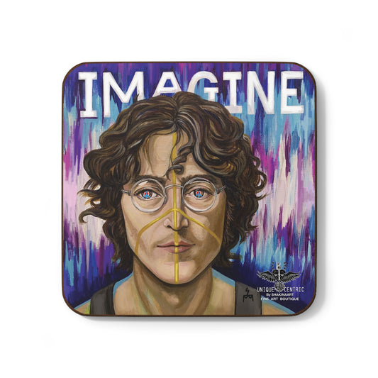 Painting of John Lennon with glasses Peace Eyes and Face and The Beatles. Imagine yoko ono shakinaart fine art drink coaster Artwork featuring John Lennon. Portrait of John Lennon wearing  harry potter glasses with Imagine  in the frequency double fantasy background Perfect for protecting surfaces from drink spills.