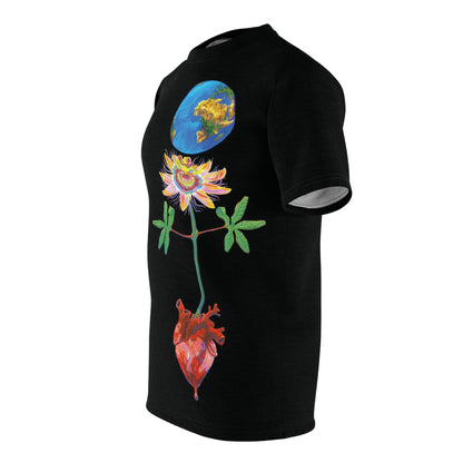 UNIQUE CENTRIC FINE ART COUTURE EARTH DAY EARTH HEART  by SHAKINAART vibrant KING t-shirt with an abstract RAINBOW GALAXY  BACKGROUND WITH heart, PASSION FLOWER AND earth painting. ALL LIVES MATTER 