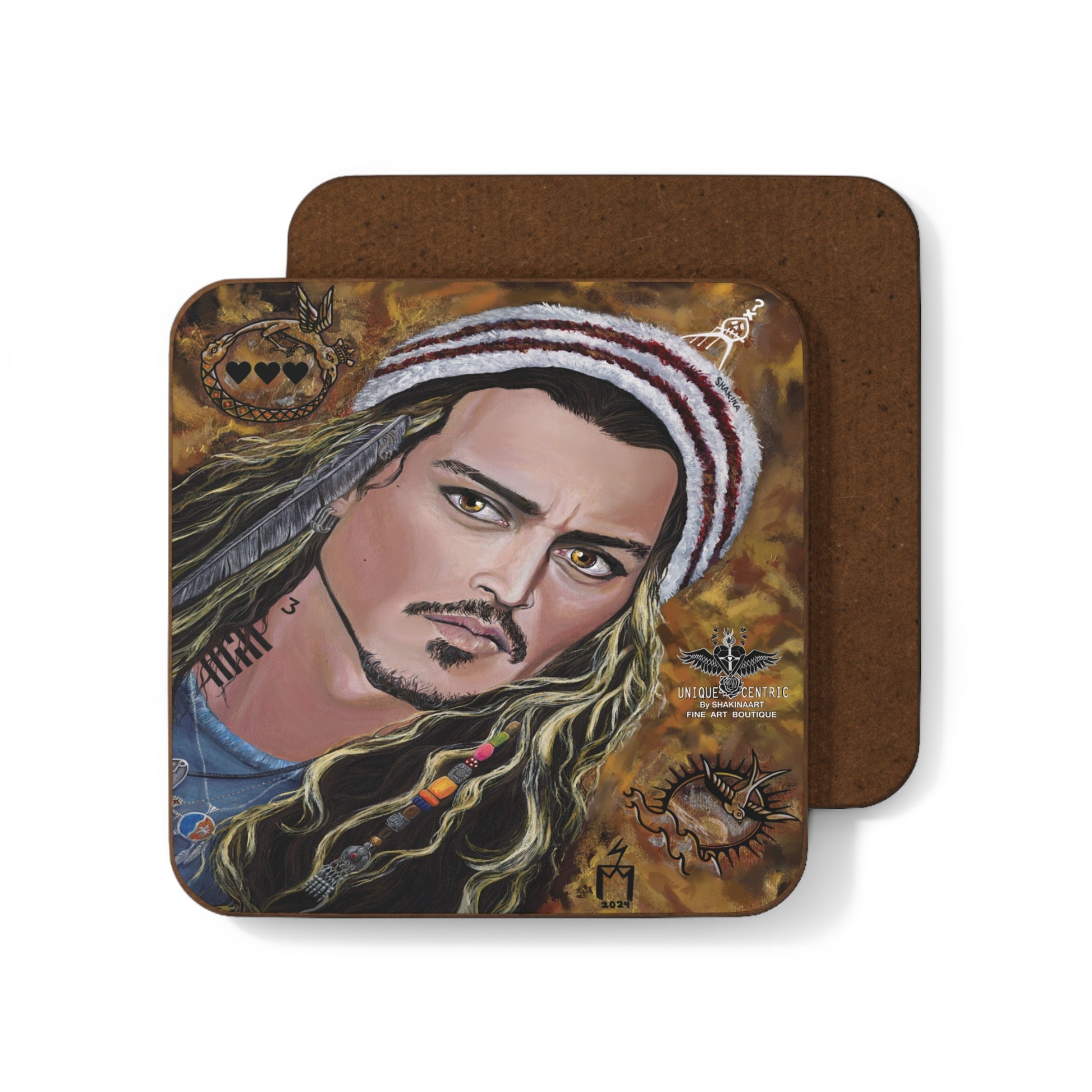 Johnny Depp DIOR BEAUTY SAUVAGEfine art drink coaster : four coasters featuring a close-up image of Johnny Depp, HOLLYWOOD VAMPIRES  and LONE RANGER captain jack sparrow pirates of the caribbean beads i ching ouroboros brave CHEROKEE comanche native american tonto nation marlon brando heart tattoos hunter s thompson gonzo perfect for fans of the actor artist humanitarian musician Perfect for protecting surfaces from drink spills.  shakinaart jeff beck JEANNE DU BARRY MAIWENN MODI MODIGLIANI AL PACINO