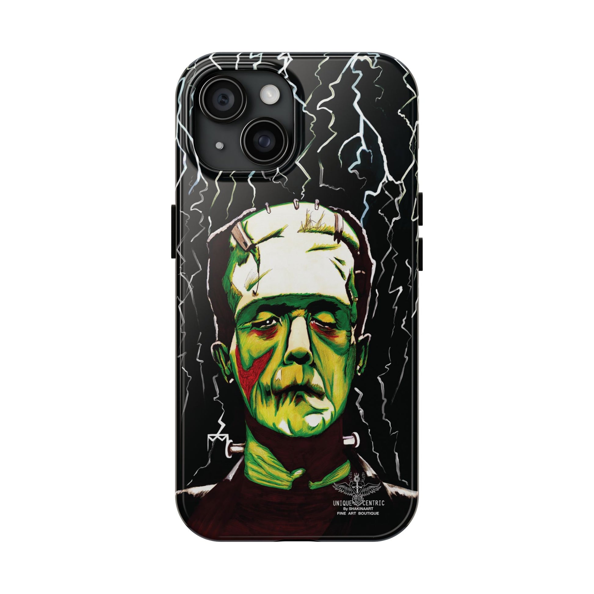 Frankenstein painting with lightning from head. Classic Frankenstein art with electrifying twist. Iconic monster depicted with electrifying energy. FRANKENSTEIN HALLOWEEN ART IPHONE COVER PROTECTIVE CASE.  