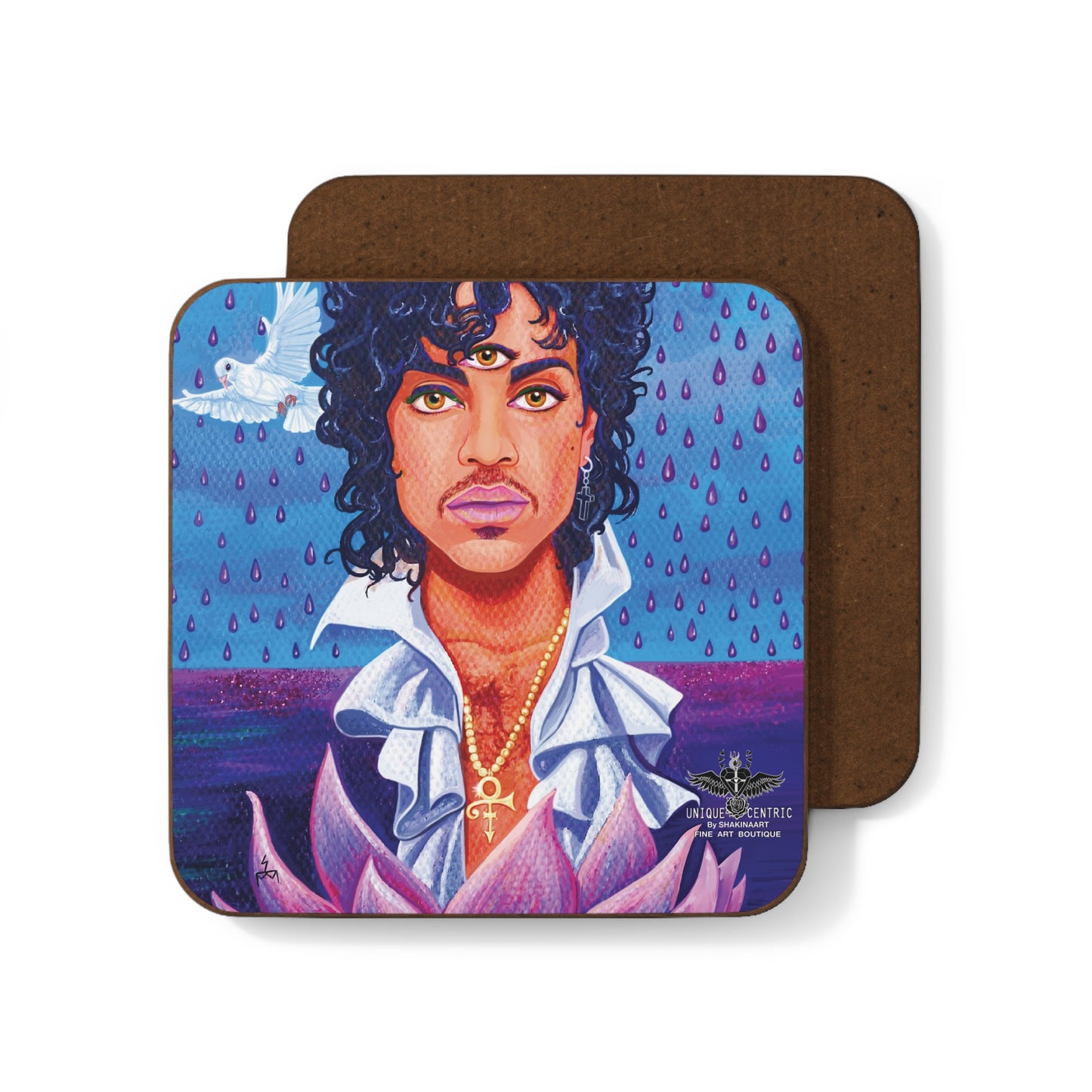 shakinaart painting of Prince Rogers Nelson fine art drink coasters A light silhouette of a regal figure with a crown, representing the Prince of Musical Genius  with an aura of power and authority. when doves cry and purple rain drops over a glitter ocean and lotus blossom flower third eye activate, the artist formerly known as Prince. Rhonda Smith Bass REVOLUTION Party Up Perfect for protecting surfaces from drink spills.