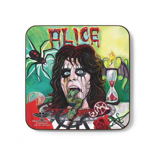 shakinaart fine art hand painted Alice Cooper shock rock n roll hollywood vampires johnny depp glen sobel tommy henriksen buck johnson joe perry coasters: a set of four drink coasters featuring a colorful illustration of Alice Cooper, python snake, rose, wine, pomegranate black widow hourglass eternal flame tim burton . Perfect for music lovers parties and gatherings.Perfect for protecting surfaces from drink spills.