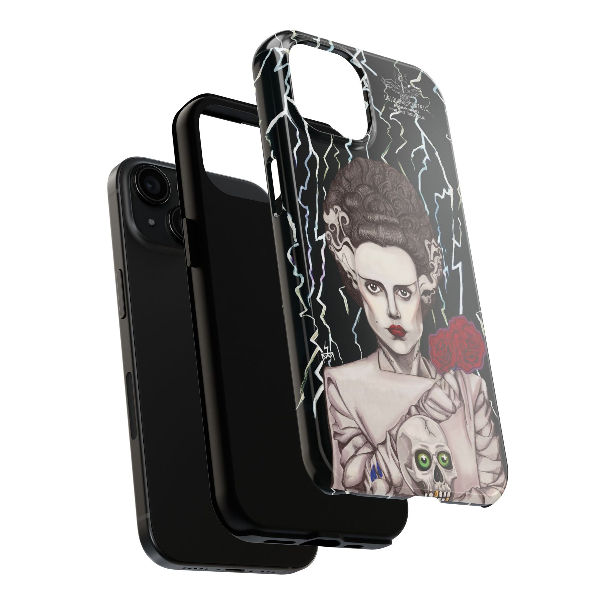 ELECTRIFY Those Around You with A Bride even the LIVING can be Bewitched By.... Let Them Stare at a Tough Phone Case that will Protect Your iPHONE Wherever GO!  Inspired by Universal Studios 1935 Film, The Bride of Frankenstein, starring Elsa Lanchester.   The Corpse Bride of Frankenstein was originally Brought to Life on Canson Paper, via the Mediums of Pen, Marker, Colored Pencil, and Acrylic Paint, by the then Blossoming Artistic Talent of Shakinaart when She was 16 years old.  SHAKINAART's Paintings are