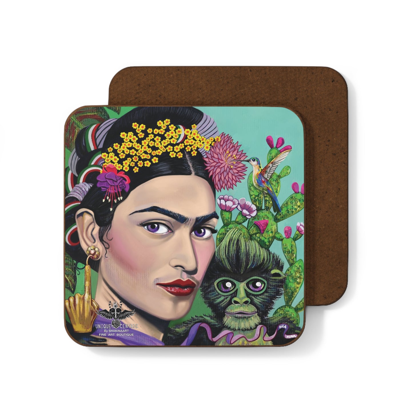 Frida Kahlo posing with her pet monkey, showcasing her unique bond with animals. shakinaart fine art drink coasters pablo picasso hand of living god earrings hummingbird flowers crown opuntia cactus Frida Kahlo with her pet monkey on her shoulder. Portrait of Mexican Frida Kahlo with her beloved monkey  diego rivera opera Perfect for protecting surfaces from drink spills.